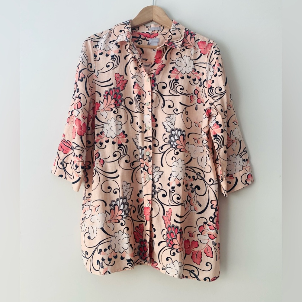 Chico’s No Iron 100% Linen Peach Floral Button Front Shirt Women Sz 2 Coastal